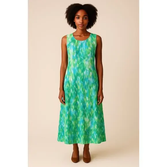 Vintage Choices 100% Linen Sleeveless Green and Blue Maxi Dress small - Picture 1 of 15